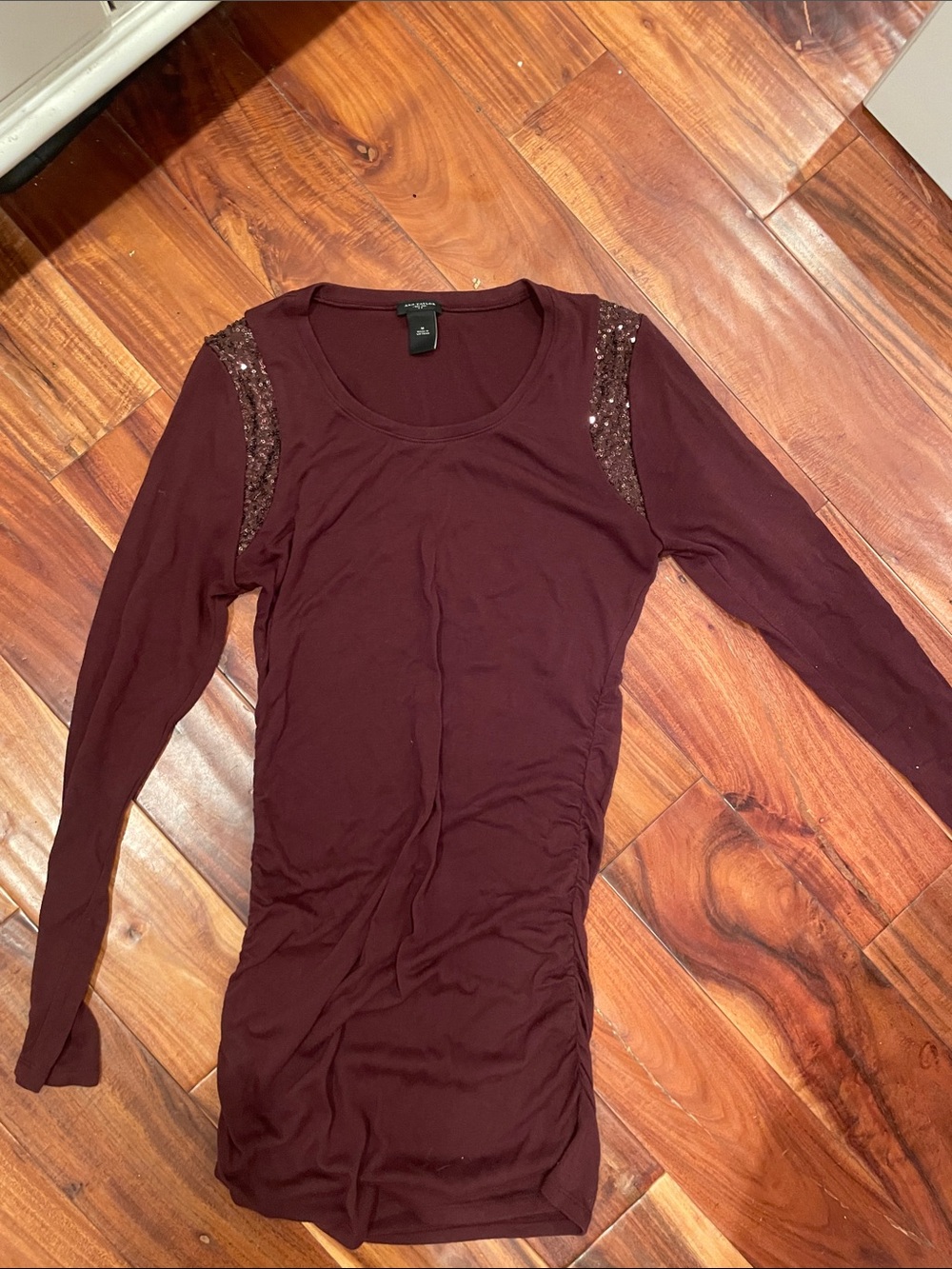 Ann Taylor Long Sleeve Sequin Shoulder Top — Burgundy
